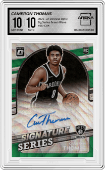 Cameron Thomas from the 2021-22 Panini Donruss Optic set featuring a Green Wave parallel graded by Arena Club and given an overall grade of 10.
