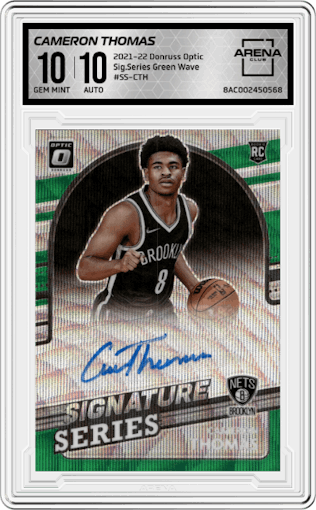 Cameron Thomas from the 2021-22 Panini Donruss Optic set featuring a Green Wave parallel graded by Arena Club and given an overall grade of 10.