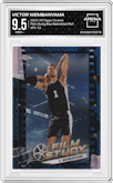 Victor Wembanyama from the 2023-24 Topps Chrome set featuring a Blue Basketball Refractor parallel graded by Arena Club and given an overall grade of 9.5.