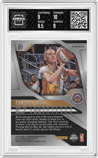 Cameron Brink from the 2024 Panini Prizm WNBA set featuring a Silver Prizm parallel graded by Arena Club and given an overall grade of 9.5.