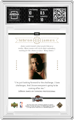 Lebron James from the 2003-04 Upper Deck LeBron James  set graded by Arena Club and given an overall grade of 9.
