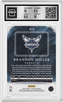 Brandon Miller from the 2024-25 Panini Origins set featuring a Purple FOTL parallel graded by Arena Club and given an overall grade of 10.