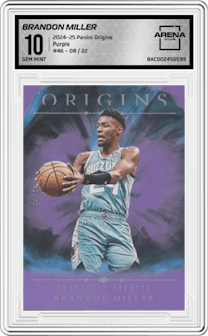 Brandon Miller from the 2024-25 Panini Origins set featuring a Purple FOTL parallel graded by Arena Club and given an overall grade of 10.