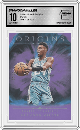Brandon Miller from the 2024-25 Panini Origins set featuring a Purple FOTL parallel graded by Arena Club and given an overall grade of 10.