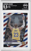 LeBron James from the 2024-25 Panini Prizm set featuring a Red/White/Blue parallel graded by Arena Club and given an overall grade of 9.5.