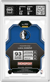 Luka Doncic from the 2022-23 Panini Prizm Monopoly set featuring a Free Parking parallel graded by Arena Club and given an overall grade of 9.5.