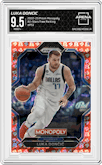 Luka Doncic from the 2022-23 Panini Prizm Monopoly set featuring a Free Parking parallel graded by Arena Club and given an overall grade of 9.5.