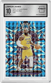 LeBron James  from the 2023-24 Panini Mosaic set featuring a Reactive Blue parallel graded by Arena Club and given an overall grade of 10.