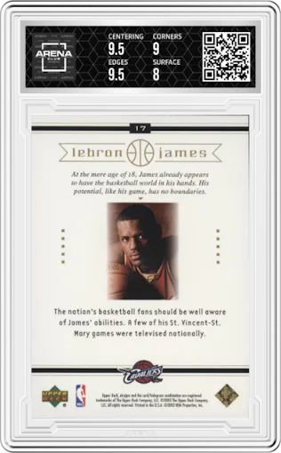 Lebron James from the 2003-04 Upper Deck LeBron James  set graded by Arena Club and given an overall grade of 8.5.