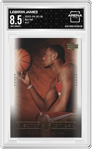 Lebron James from the 2003-04 Upper Deck LeBron James  set graded by Arena Club and given an overall grade of 8.5.