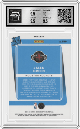 Jalen Green from the 2021-22 Panini Donruss Optic set featuring a Holo parallel graded by Arena Club and given an overall grade of 10.