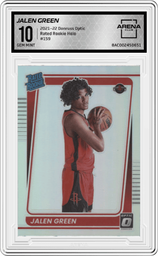 Jalen Green from the 2021-22 Panini Donruss Optic set featuring a Holo parallel graded by Arena Club and given an overall grade of 10.