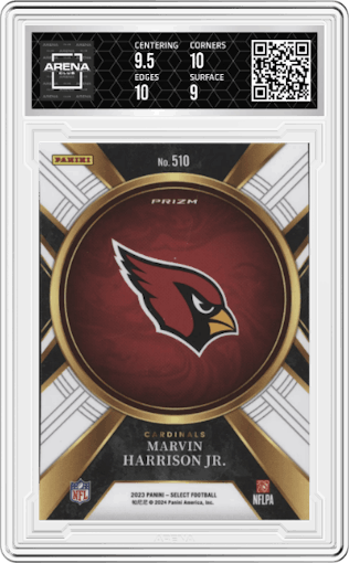 Marvin Harrison Jr. from the 2023 Panini Select set graded by Arena Club and given an overall grade of 9.5.
