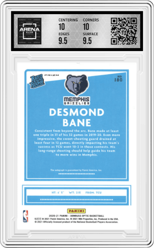 Desmond Bane from the 2020-21 Panini Donruss Optic set featuring a Choice parallel graded by Arena Club and given an overall grade of 10.