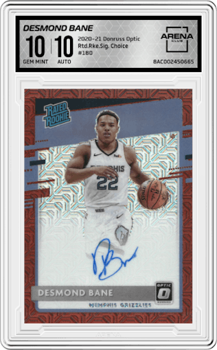 Desmond Bane from the 2020-21 Panini Donruss Optic set featuring a Choice parallel graded by Arena Club and given an overall grade of 10.
