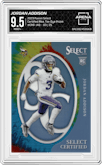 Jordan Addison from the 2023 Panini Select set featuring a Tie-Dye Prizm parallel graded by Arena Club and given an overall grade of 9.5.