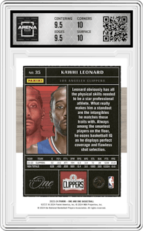 Kawhi Leonard from the 2023-24 Panini One and One set featuring a Blue parallel graded by Arena Club and given an overall grade of 10.
