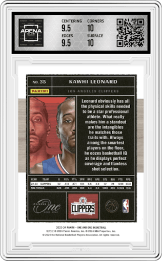 Kawhi Leonard from the 2023-24 Panini One and One set featuring a Blue parallel graded by Arena Club and given an overall grade of 10.