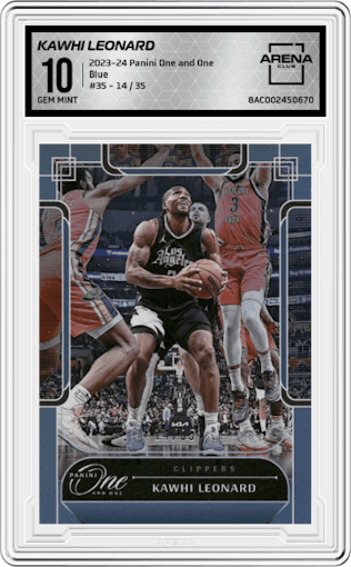 Kawhi Leonard from the 2023-24 Panini One and One set featuring a Blue parallel graded by Arena Club and given an overall grade of 10.