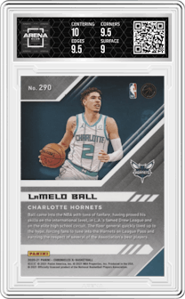 LaMelo Ball from the 2020-21 Panini Chronicles set featuring a Teal parallel graded by Arena Club and given an overall grade of 9.5.