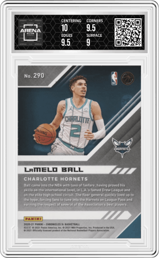 LaMelo Ball from the 2020-21 Panini Chronicles set featuring a Teal parallel graded by Arena Club and given an overall grade of 9.5.