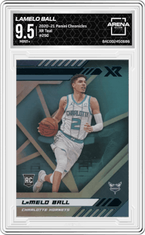 LaMelo Ball from the 2020-21 Panini Chronicles set featuring a Teal parallel graded by Arena Club and given an overall grade of 9.5.