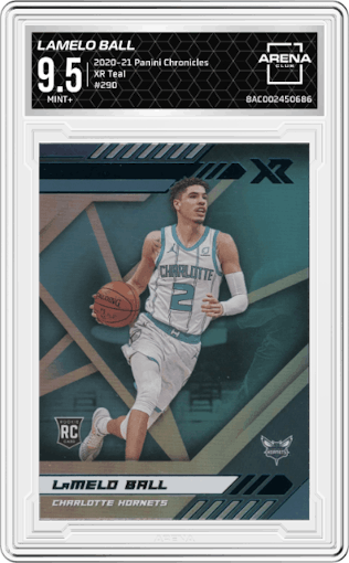 LaMelo Ball from the 2020-21 Panini Chronicles set featuring a Teal parallel graded by Arena Club and given an overall grade of 9.5.