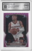Brandon Miller from the 2022-23 Bowman University Chrome set featuring a Fuchsia Mini-Diamond Refractor parallel graded by Arena Club and given an overall grade of 10.