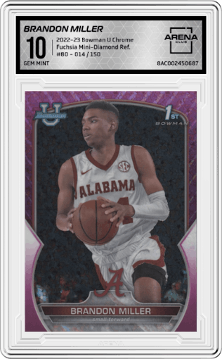 Brandon Miller from the 2022-23 Bowman University Chrome set featuring a Fuchsia Mini-Diamond Refractor parallel graded by Arena Club and given an overall grade of 10.