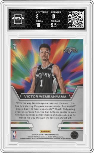 Victor Wembanyama from the 2023-24 Panini Prizm set graded by Arena Club and given an overall grade of 8.5.