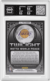 Metta World Peace from the 2023-24 Panini Obsidian set featuring a Electric Etch Purple Flood parallel graded by Arena Club and given an overall grade of 9.5.