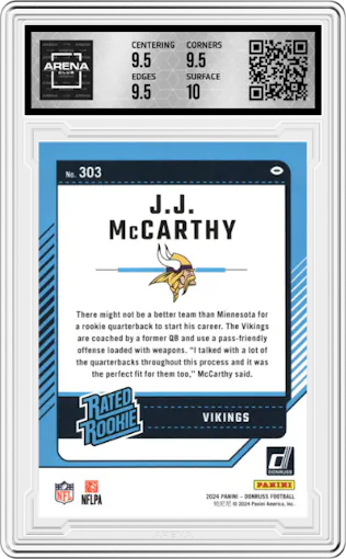 J.J. McCarthy from the 2024 Donruss set graded by Arena Club and given an overall grade of 10.