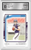 J.J. McCarthy from the 2024 Donruss set graded by Arena Club and given an overall grade of 10.