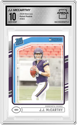 J.J. McCarthy from the 2024 Donruss set graded by Arena Club and given an overall grade of 10.