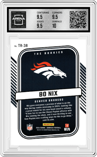 Bo Nix from the 2024 Donruss set graded by Arena Club and given an overall grade of 10.
