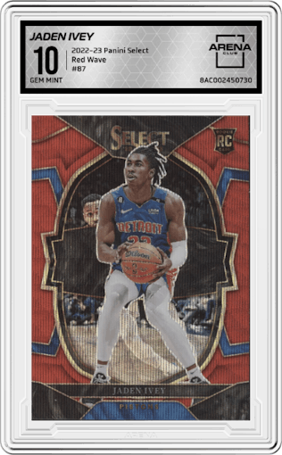 Jaden Ivey  from the 2022-23 Panini Select set featuring a Red Wave parallel graded by Arena Club and given an overall grade of 10.