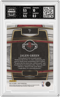 Jalen Green from the 2021-22 Panini Select set graded by Arena Club and given an overall grade of 9.