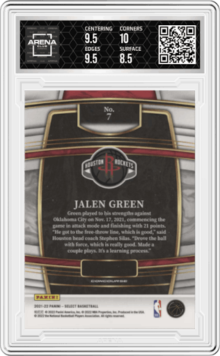 Jalen Green from the 2021-22 Panini Select set graded by Arena Club and given an overall grade of 9.
