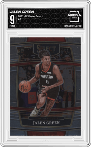 Jalen Green from the 2021-22 Panini Select set graded by Arena Club and given an overall grade of 9.