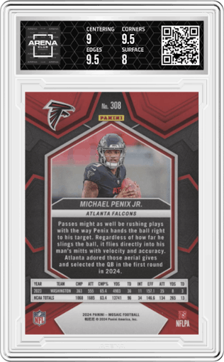 Michael Penix Jr. from the 2024 Panini Mosaic set graded by Arena Club and given an overall grade of 8.5.