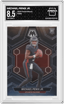 Michael Penix Jr. from the 2024 Panini Mosaic set graded by Arena Club and given an overall grade of 8.5.