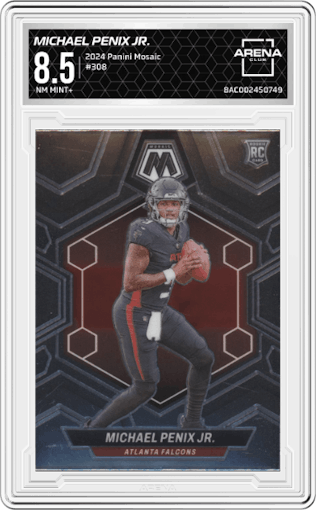 Michael Penix Jr. from the 2024 Panini Mosaic set graded by Arena Club and given an overall grade of 8.5.