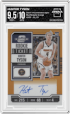 Hunter Tyson from the 2023-24 Panini Contenders Optic set featuring a Orange parallel graded by Arena Club and given an overall grade of 9.5.