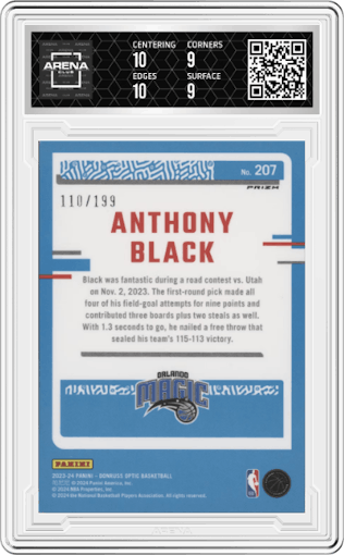Anthony Black from the 2023-24 Donruss Optic set featuring a Orange parallel graded by Arena Club and given an overall grade of 9.5.