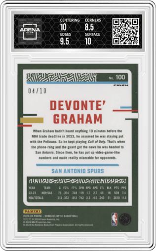 Devonte' Graham from the 2023-24 Donruss Optic set featuring a Fast Break Gold parallel graded by Arena Club and given an overall grade of 9.