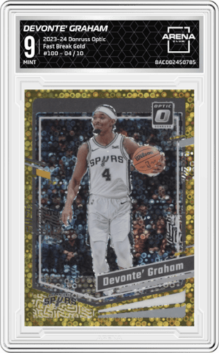Devonte' Graham from the 2023-24 Donruss Optic set featuring a Fast Break Gold parallel graded by Arena Club and given an overall grade of 9.