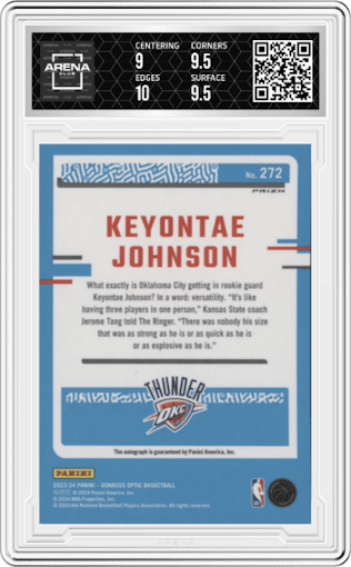 Keyontae Johnson from the 2023-24 Donruss Optic set featuring a Holo parallel graded by Arena Club and given an overall grade of 9.5.