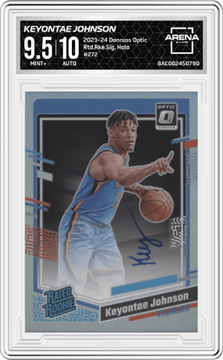 Keyontae Johnson from the 2023-24 Donruss Optic set featuring a Holo parallel graded by Arena Club and given an overall grade of 9.5.