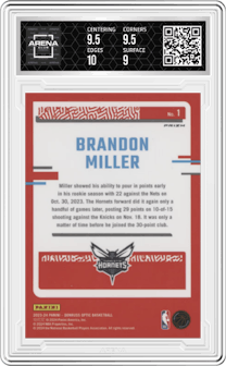 Brandon Miller from the 2023-24 Donruss Optic set featuring a Holo parallel graded by Arena Club and given an overall grade of 9.5.