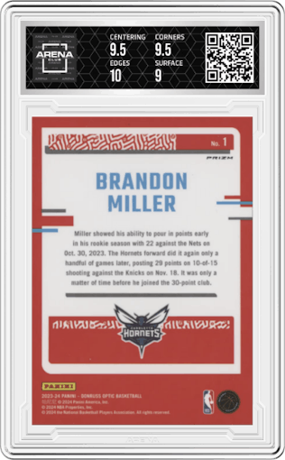 Brandon Miller from the 2023-24 Donruss Optic set featuring a Holo parallel graded by Arena Club and given an overall grade of 9.5.